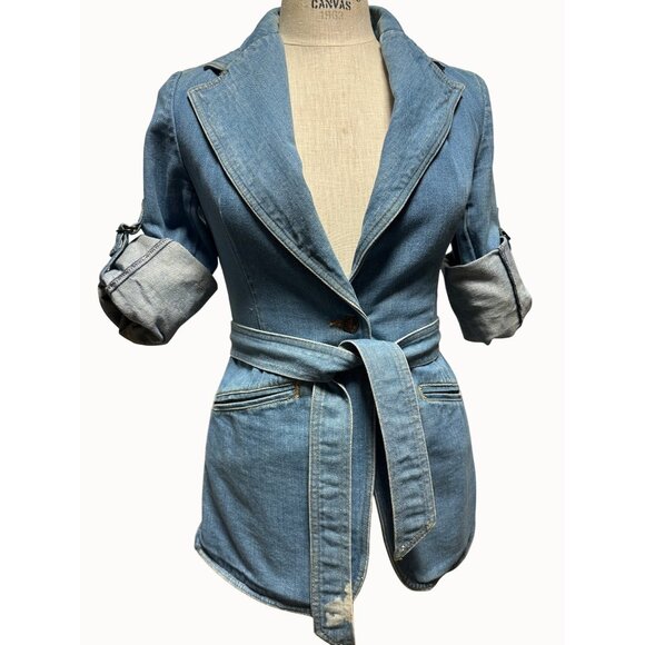 Vintage L’Avion Denim Belted Blazer Jacket Rolled Sleeves Aviator Western Small - Picture 4 of 12